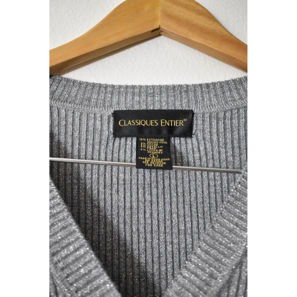 Classiques Entier Cardigan Sweater Women L Silver Y2K Metallic Ribbed V-Neck - Picture 8 of 9